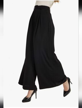 TronJori Pants Womens Size L Black Palazzo Wide Leg High Waist Pleated Ankle